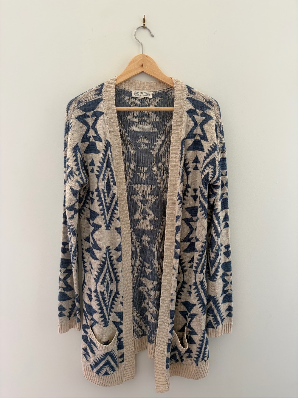Pink Rose Beige and Navy Aztec Open-Front Cardigan